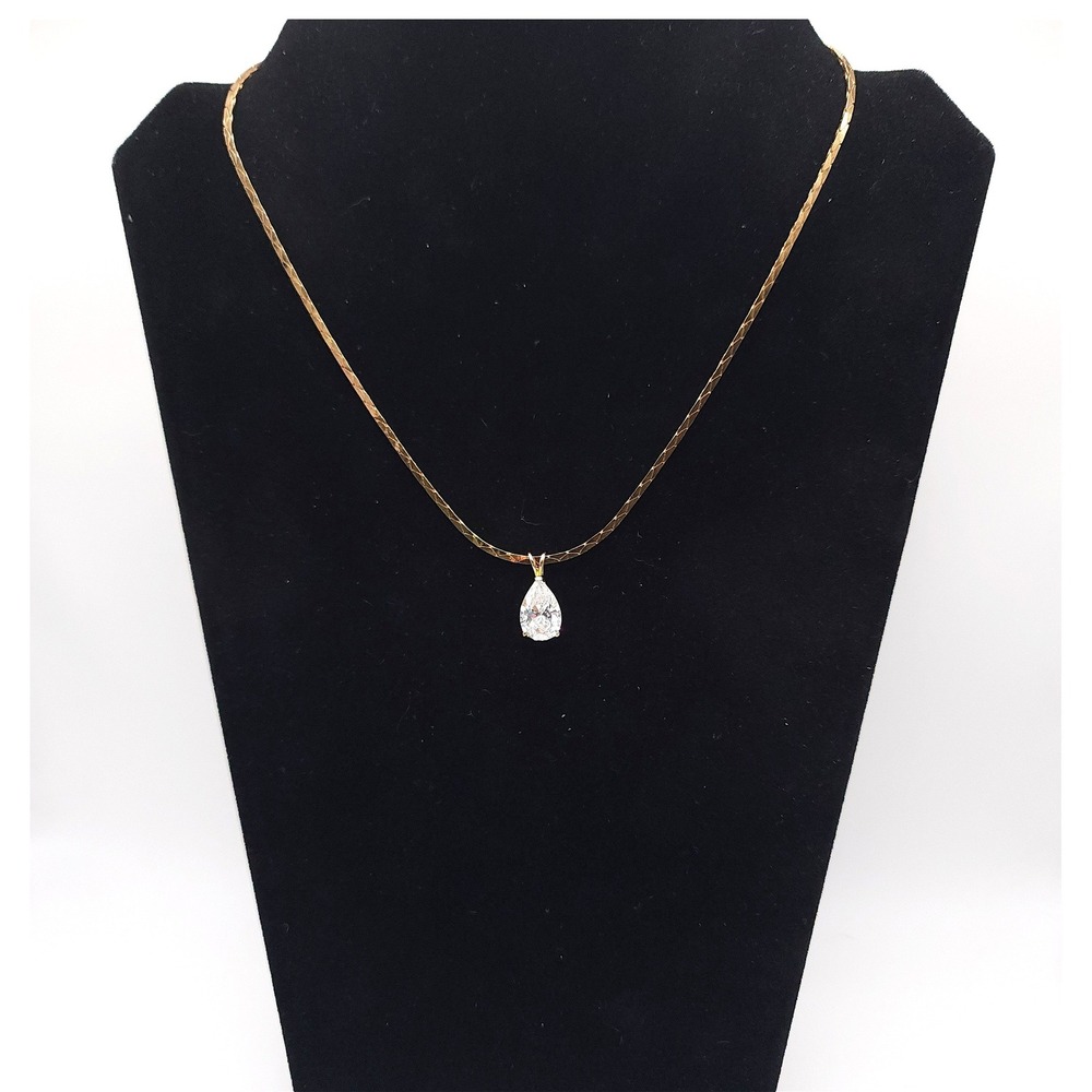 Gold Tone Herringbone Necklace Pear Cut CZ Solitaire Teardrop Pendant 18"